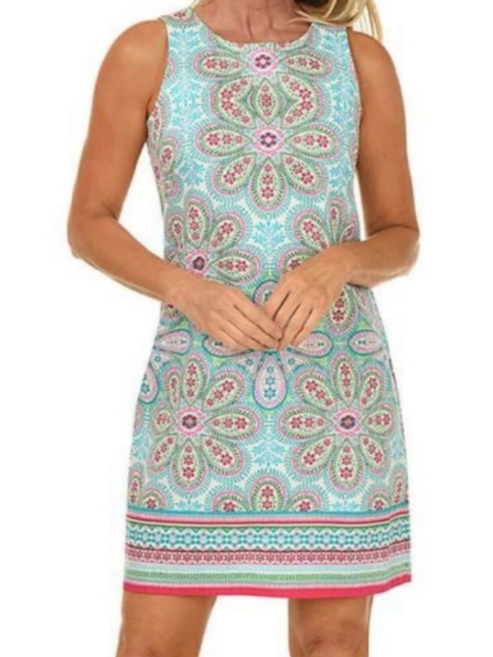 London Style Sleeveless Floral Medallion Shift Dress in Aqua and Pink